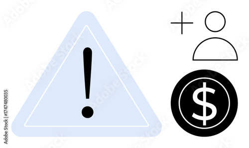 Warning triangle with exclamation point, user profile icon, and dollar sign in black coin. Ideal for financial risk, user management, budgeting, account alerts, security, expenses simple flat
