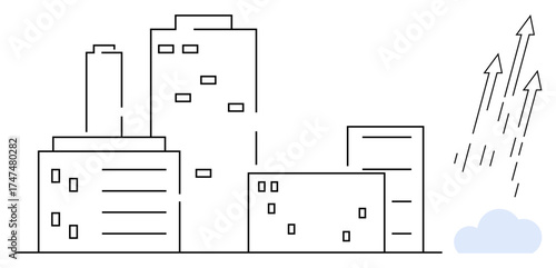 Minimalistic cityscape with tall buildings and arrows rising from a small cloud. Ideal for urbanization, growth, development, progress, innovation, sustainability, economics. A simple flat metaphor