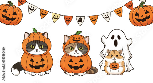 Halloween pets cats and hamster dressed as pumpkins and ghost
