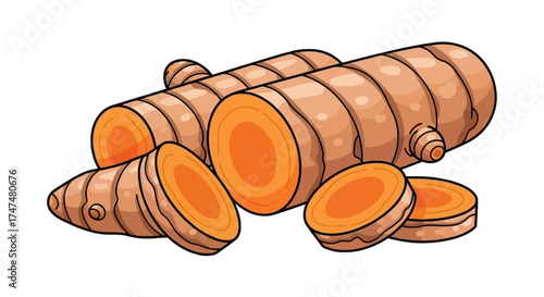 Illustration of sliced turmeric root on a white background