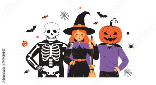 Happy Halloween A Spooky Celebration Featuring Skeleton, Witch, and Jack-o'-Lantern Friends in a Festive Scene