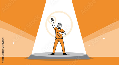 Illustrative Spotlight On Actor Performing On Stage With Upward Arm and Bold Colors