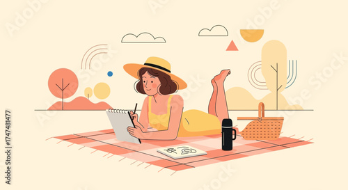 Illustrative Scene Of Woman Sketching During Picnic, Sunny Outdoor Day, Artistic Recreation
