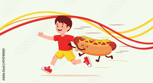 Joyful Boy Races Alongside a Whimsical Hotdog, Vibrant Illustration in Full Motion