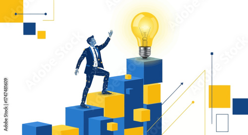 Innovative Businessman Reaching Towards a Bright Idea on a Growing Success Chart