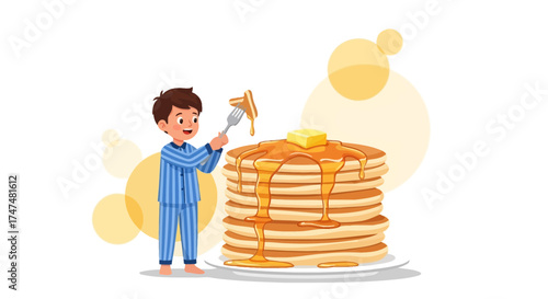 Joyful Boy In Pajamas Serving Delicious Pancakes Drizzled In Syrup, Breakfast Treat