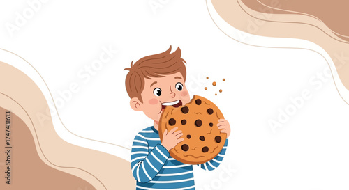 Joyful Boy Indulging In Cookie Happiness, Delightful Moment of Savoring Chocolate Snack