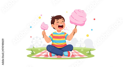 Joyful Boy Revels Amusement Park Delights: Sweet Cotton Candy and Cheerful Moments Illustrated