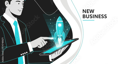 Innovative Digital Startup Launch Illustration Depicting Business Growth and Modern Technology