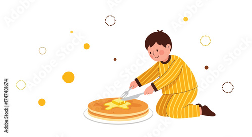 Joyful Boy Serving Syrup on Delicious Stack of Pancakes for Breakfast Time
