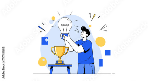 Innovative Entrepreneur Celebrating a Bright Idea and Trophy Achievement in Business