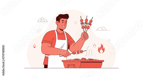 Joyful Chef Prepares Grilled Skewers Outdoor, Featuring Delicious Barbecue and Festive Atmosphere