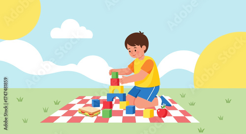 Joyful Child Building Tower From Blocks On a Picnic Blanket, Sunny Summer Afternoon