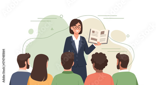 Instructor Revealing Information To A Group Of Individuals Holding A Book For Communication