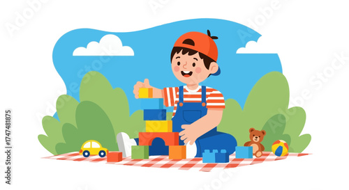 Joyful Child Building Tower Outdoors With Colorful Blocks And Toy On The Picnic Area