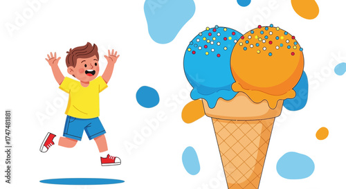 Joyful Child Celebrates Ice Cream Treat, Displaying Pure Delight Under Summer Sky