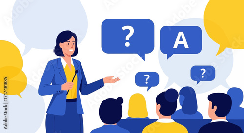 Interactive Presentation: Woman in a Suit Hosting a Workshop with Participants and Speech Bubbles