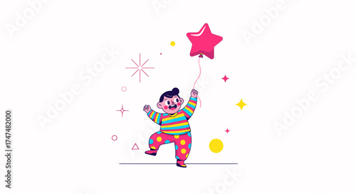 Joyful Child Celebrating With Star Balloon Against White Background Illustration
