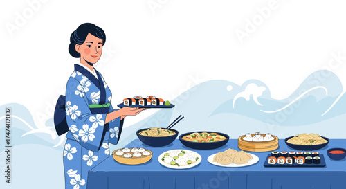 Japanese Cuisine Served, Woman in Kimono Holding Sushi Dishes at Celebration