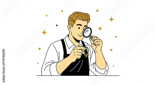 Jeweler Inspecting A Pendant Using Magnifying Glass In Detailed Vector Illustration