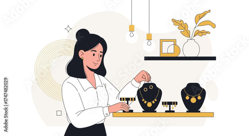 Jewelry Boutique Owner Arranging Necklace Display, Crafting Elegant Visuals and Commerce