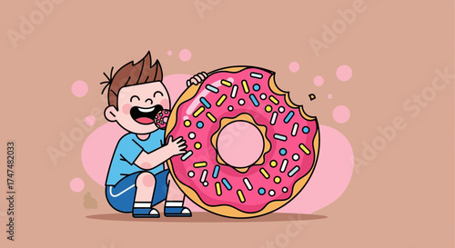 Joyful Child Devouring a Delicious, Colorful Donut in Playful, Animated Style