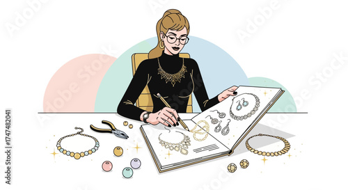 Jewelry Designer Sketching New Designs, Artistic Jewelry Creation, Fashion Illustration Study