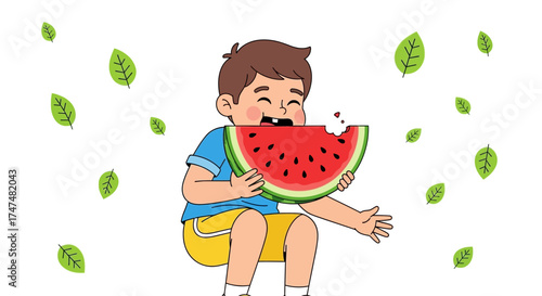 Joyful Child Devouring Watermelon Slice In A Refreshing Summer Season Illustration