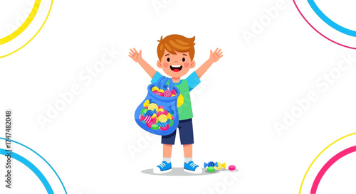 Joyful Child Displays Candy Treasures with Excitement in a Whimsical, Colorful Illustration