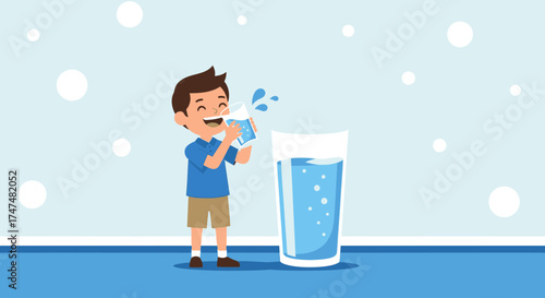 Joyful Child Drinks Fresh Water: Hydration, Health, And Animated Illustration