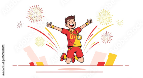 Joyful Athlete Celebrates Victory with Fireworks and a Golden Medal on a White Background