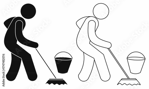 Vector illustration of cleaner, cleanser or cleaning operative or janitor icon,with mop and bucket,outline and silhouette. Symbol for cleaning service, hygiene, sanitation, and maintenance work.