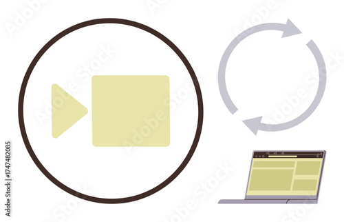 Playback icon inside a circle, circular refresh arrows, and a laptop screen outline media, streaming, and technology themes. Ideal for video sharing, online learning, entertainment, technology