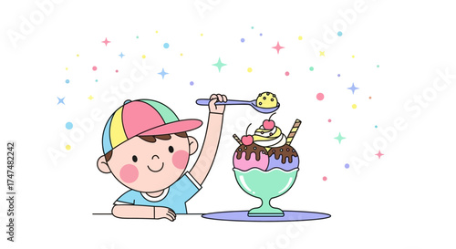 Joyful Boy Enjoying A Delicious Ice Cream Sundae With Colorful Dessert And Sprinkles
