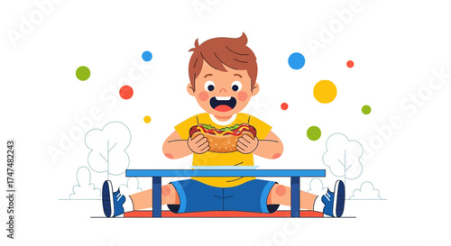 Joyful Child Enjoying Delicious Hotdog Snack At A Park in A Cheerful Modern Illustration