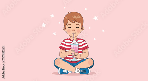 Joyful Boy Enjoying a Delicious Drink in Delightful Style against a Pastel Background.