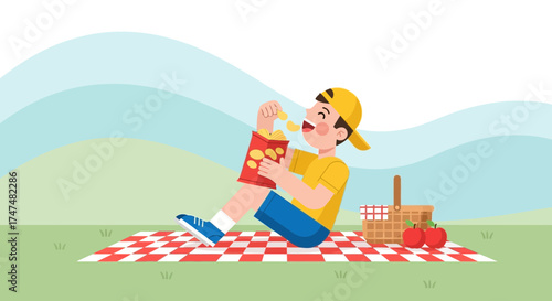 Joyful Boy Enjoying Chips At Picnic Surrounded By Nature On A Sunny Day