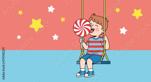 Joyful Boy Enjoying Candy On A Swing With Starry Backgrounds And Delightful Moments