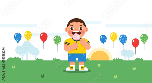Joyful Boy Enjoying Cotton Candy With Festive Balloons In A Colorful Park Setting