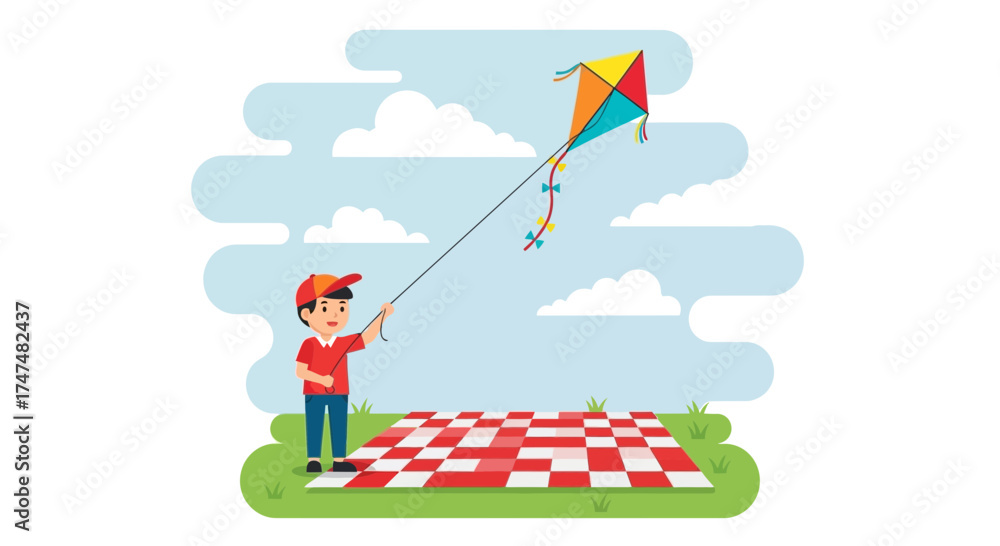 Fototapeta premium Joyful Child Flying A Colorful Kite At Picnic Spot Under A Clear Sky