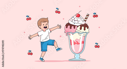 Joyful Child Excitedly Reaching Towards a Delightful Sundae Treat With Cherries