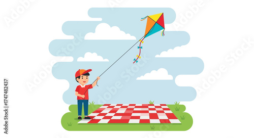 Joyful Child Flying A Colorful Kite At Picnic Spot Under A Clear Sky