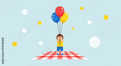 Joyful Child Gazing Between Colorful Balloons on a Picnic Blanket in a Cheerful Setting