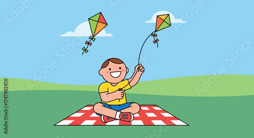 Joyful Child Flying Kites Outdoors At A Sunny Park On A Pleasant Afternoon