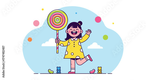 Joyful Child Holding a Giant Lollipop Dancing with Happiness in a Sweet Wonderland