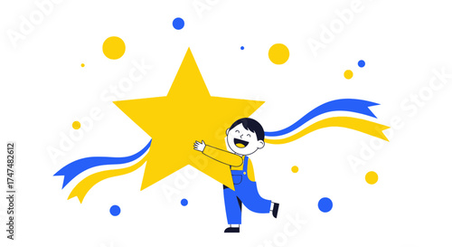 Joyful Child Holds a Golden Star Amidst Floating Decorations for a Happy Illustration
