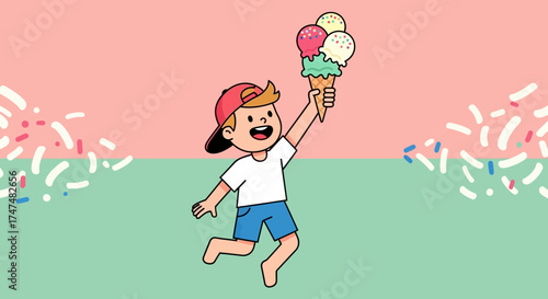 Joyful Child Jumping With Ice Cream, A Colorful Illustration Filled With Happiness