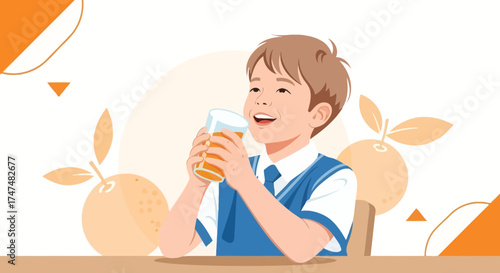 Joyful Boy Enjoying Orange Juice, A Refreshing Beverage, Healthy Lifestyle Imagery