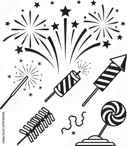 A collection of fireworks and sparklers against a white background.