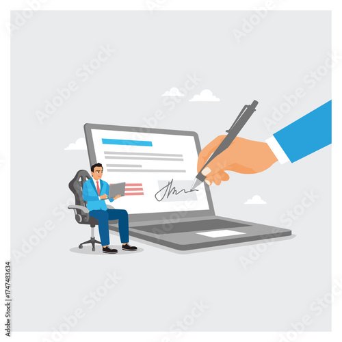 Businessman signing signature on digital document on laptop.